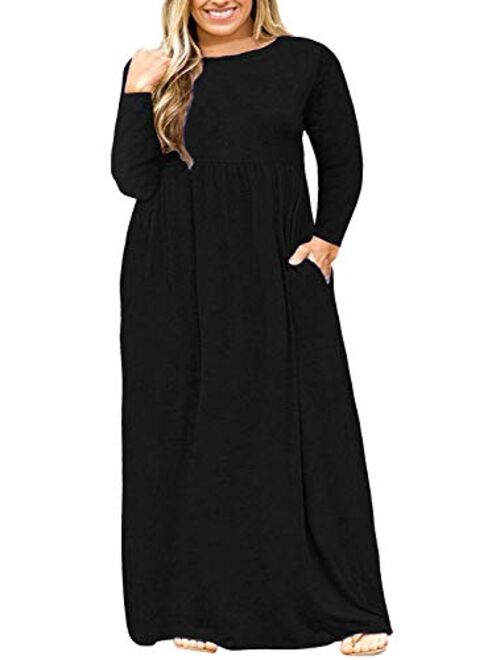 Nemidor Women Long Sleeve Loose Plain Casual Plus Size Long Maxi Dress with Pockets