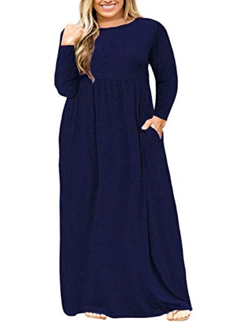 Nemidor Women Long Sleeve Loose Plain Casual Plus Size Long Maxi Dress with Pockets