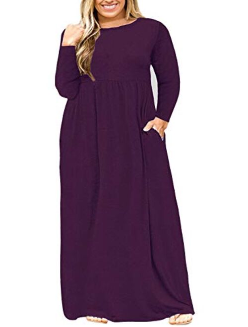 Nemidor Women Long Sleeve Loose Plain Casual Plus Size Long Maxi Dress with Pockets