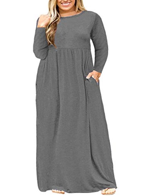 Nemidor Women Long Sleeve Loose Plain Casual Plus Size Long Maxi Dress with Pockets