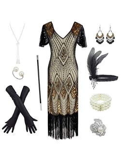 Women's 1920s Gatsby Inspired Sequin Beads Long Fringe Flapper Dress w/Accessories Set