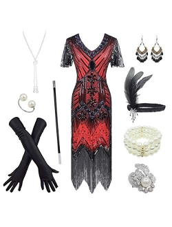 Women's 1920s Gatsby Inspired Sequin Beads Long Fringe Flapper Dress w/Accessories Set