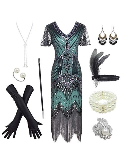 Women's 1920s Gatsby Inspired Sequin Beads Long Fringe Flapper Dress w/Accessories Set