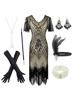 Women's 1920s Gatsby Inspired Sequin Beads Long Fringe Flapper Dress w/Accessories Set