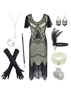 Women's 1920s Gatsby Inspired Sequin Beads Long Fringe Flapper Dress w/Accessories Set