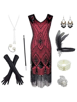 Women's 1920s Gatsby Inspired Sequin Beads Long Fringe Flapper Dress w/Accessories Set