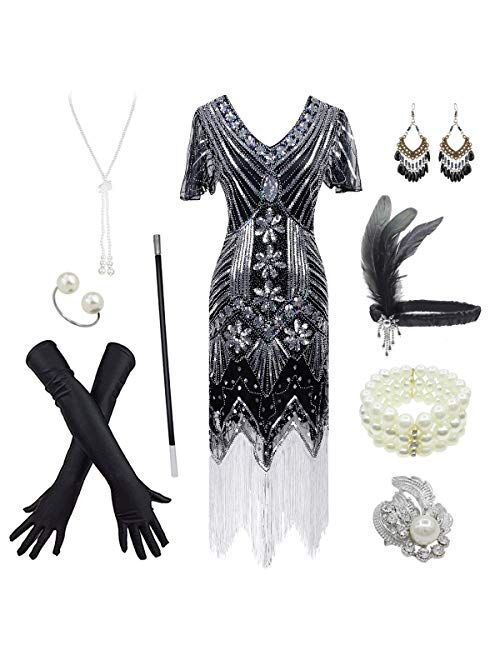 Women's 1920s Gatsby Inspired Sequin Beads Long Fringe Flapper Dress w/Accessories Set