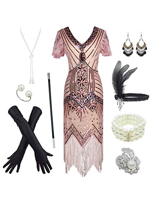 Women's 1920s Gatsby Inspired Sequin Beads Long Fringe Flapper Dress w/Accessories Set