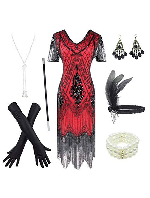 Women's 1920s Gatsby Inspired Sequin Beads Long Fringe Flapper Dress w/Accessories Set