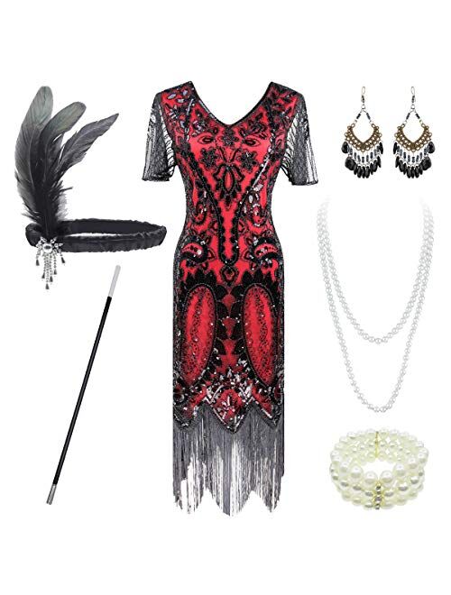 Women's 1920s Gatsby Inspired Sequin Beads Long Fringe Flapper Dress w/Accessories Set