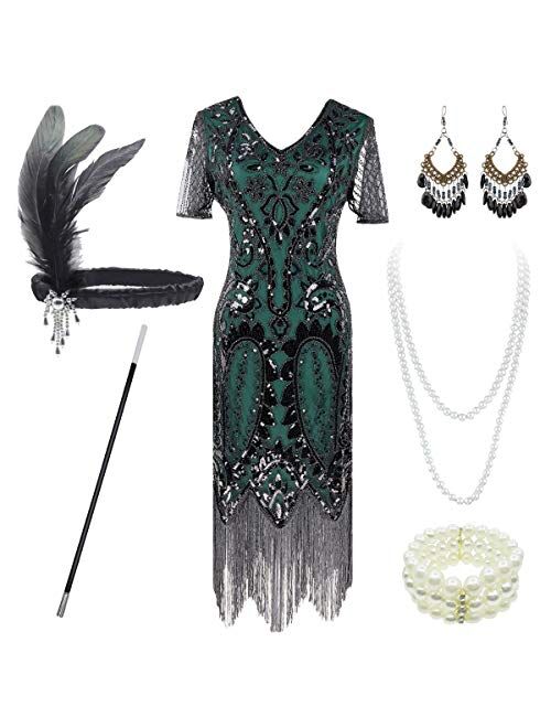 Women's 1920s Gatsby Inspired Sequin Beads Long Fringe Flapper Dress w/Accessories Set