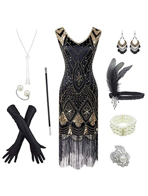 Women's 1920s Gatsby Inspired Sequin Beads Long Fringe Flapper Dress w/Accessories Set