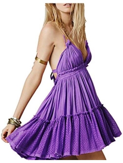 ForeMode Summer Deep V Neck Bohemian Women Mini Short Dress Backless Beach Boho Dress