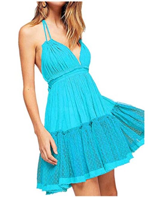 ForeMode Summer Deep V Neck Bohemian Women Mini Short Dress Backless Beach Boho Dress