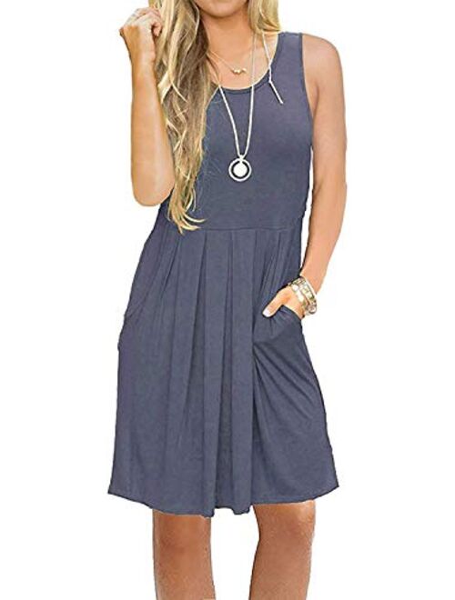 TODOLOR Women Casual Pleated Swing Pocket Loose Sleeveless Sundresses Knee Length Summer Tank Dress