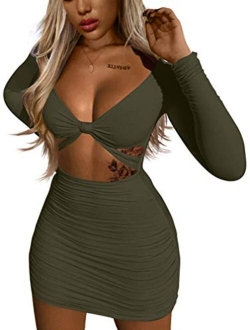 XXTAXN Women's Sexy Bodycon Deep V Neck Long Sleeve Cut Out Club Mini Dress