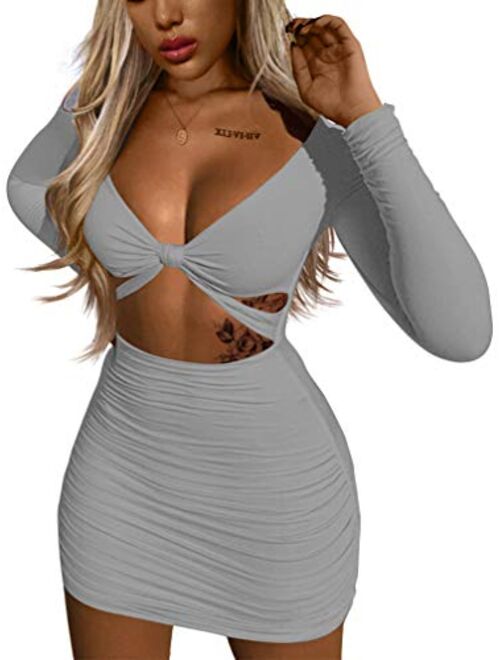 XXTAXN Women's Sexy Bodycon Deep V Neck Long Sleeve Cut Out Club Mini Dress