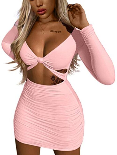 XXTAXN Women's Sexy Bodycon Deep V Neck Long Sleeve Cut Out Club Mini Dress