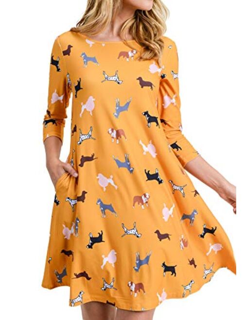 Womens Printed Crew Neck A-Line Dresses with Pockets Casual Tropical Floral Novelty Animal Christmas Patterns