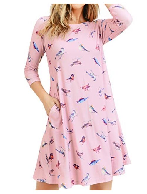 Womens Printed Crew Neck A-Line Dresses with Pockets Casual Tropical Floral Novelty Animal Christmas Patterns