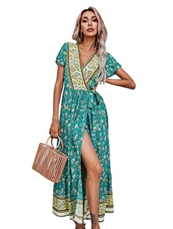 R.Vivimos Summer Short Sleeve Floral Print Front slit Bohemian Beach Waist Tie Wrap Long Flowy Dress