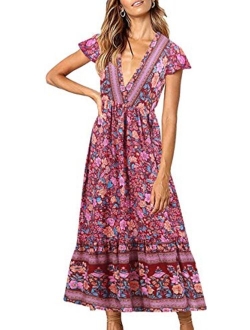 R.Vivimos Summer Short Sleeve Floral Print Front slit Bohemian Beach Waist Tie Wrap Long Flowy Dress