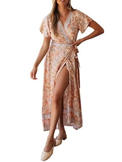 R.Vivimos Summer Short Sleeve Floral Print Front slit Bohemian Beach Waist Tie Wrap Long Flowy Dress