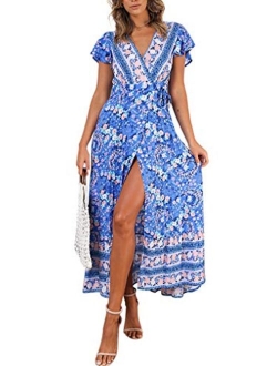 R.Vivimos Summer Short Sleeve Floral Print Front slit Bohemian Beach Waist Tie Wrap Long Flowy Dress
