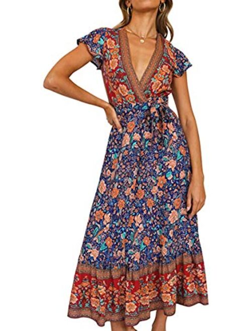 R.Vivimos Summer Short Sleeve Floral Print Front slit Bohemian Beach Waist Tie Wrap Long Flowy Dress