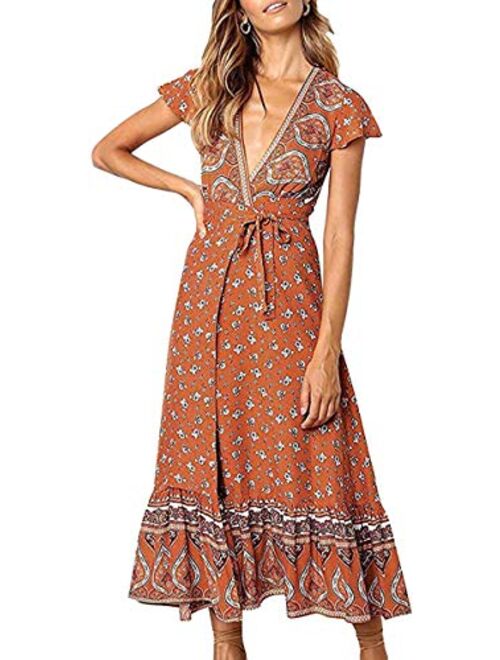 R.Vivimos Summer Short Sleeve Floral Print Front slit Bohemian Beach Waist Tie Wrap Long Flowy Dress