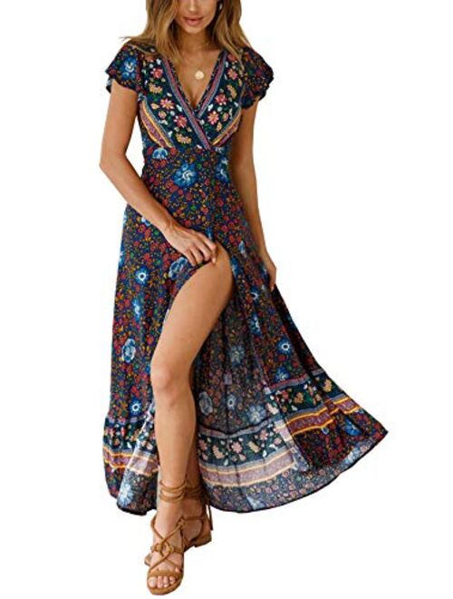 R.Vivimos Summer Short Sleeve Floral Print Front slit Bohemian Beach Waist Tie Wrap Long Flowy Dress