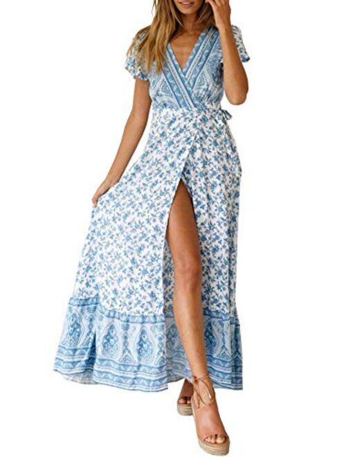 R.Vivimos Summer Short Sleeve Floral Print Front slit Bohemian Beach Waist Tie Wrap Long Flowy Dress