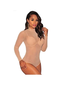 Ysabeloom Women's Sheer Mesh Long Sleeve Bodysuit Tops See Through Jumpsuit Leotard Clubwear