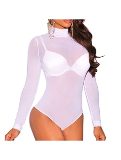 Ysabeloom Women's Sheer Mesh Long Sleeve Bodysuit Tops See Through Jumpsuit Leotard Clubwear