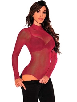 Ysabeloom Women's Sheer Mesh Long Sleeve Bodysuit Tops See Through Jumpsuit Leotard Clubwear