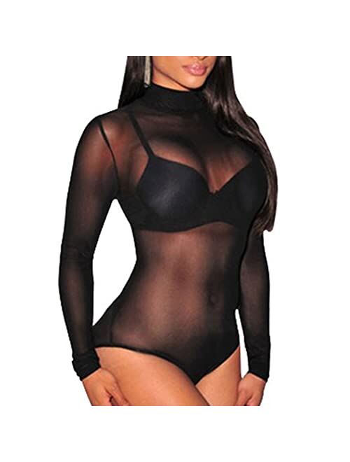 Ysabeloom Women's Sheer Mesh Long Sleeve Bodysuit Tops See Through Jumpsuit Leotard Clubwear