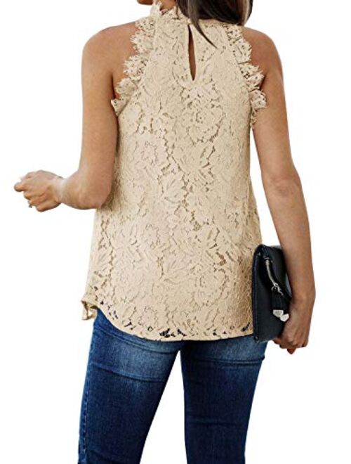 Berryou Women's Summer Lace Trim Sleeveless Top Halter Hollow Out Crochet Tank Top Clubwear Vest Blouse