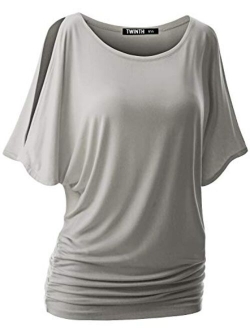 Doublju Womens Short Sleeve Cut Off Shoulder Dolman Tunic Top