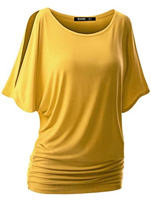 Doublju Womens Short Sleeve Cut Off Shoulder Dolman Tunic Top