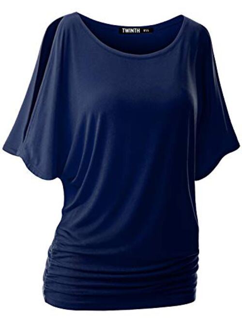 Doublju Womens Short Sleeve Cut Off Shoulder Dolman Tunic Top