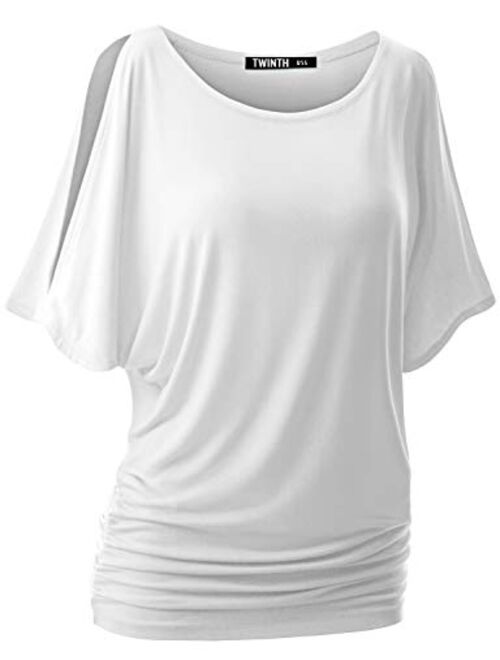 Doublju Womens Short Sleeve Cut Off Shoulder Dolman Tunic Top