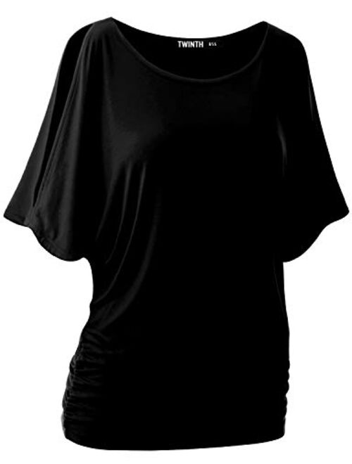 Doublju Womens Short Sleeve Cut Off Shoulder Dolman Tunic Top