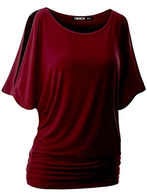 Doublju Womens Short Sleeve Cut Off Shoulder Dolman Tunic Top