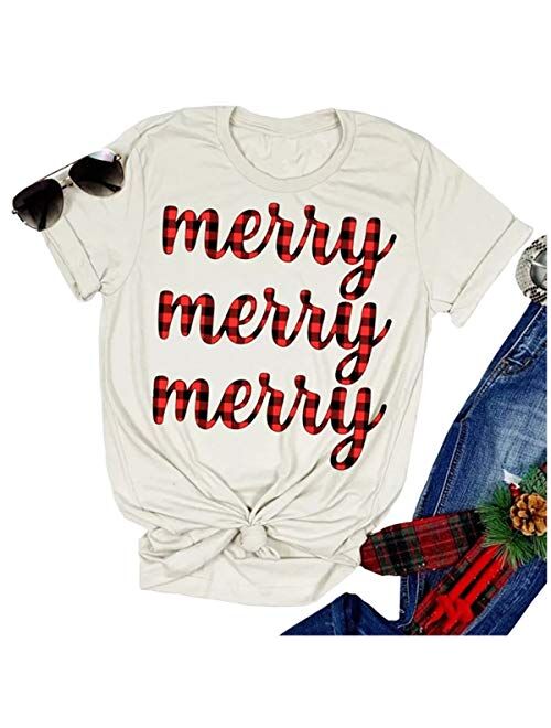 Beopjesk Women's Buffalo Plaid Tees Casual Short Sleeve Merry Letter Printed Graphic Blouse Tops