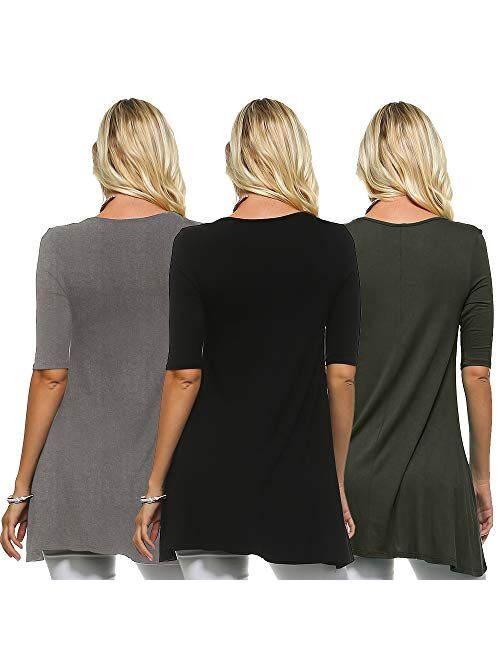 Isaac Liev Women's Tunic Top 3 Pack Casual 3/4 Sleeve Scoop Neck Long Flowy Swing Basic Blouses T Shirts Made in USA