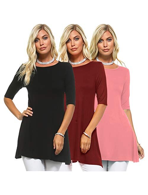 Isaac Liev Women's Tunic Top 3 Pack Casual 3/4 Sleeve Scoop Neck Long Flowy Swing Basic Blouses T Shirts Made in USA