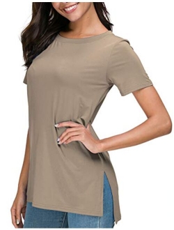 Herou Women Casual Summer Short Sleeve Tops T-Shirts Tees with Side Split