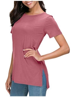 Herou Women Casual Summer Short Sleeve Tops T-Shirts Tees with Side Split