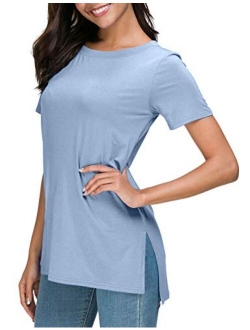 Herou Women Casual Summer Short Sleeve Tops T-Shirts Tees with Side Split