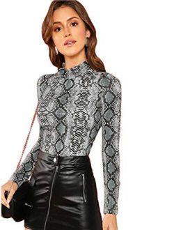 Women's Long Sleeve Mock Neck Slim Snakeskin T-Shirt Tops